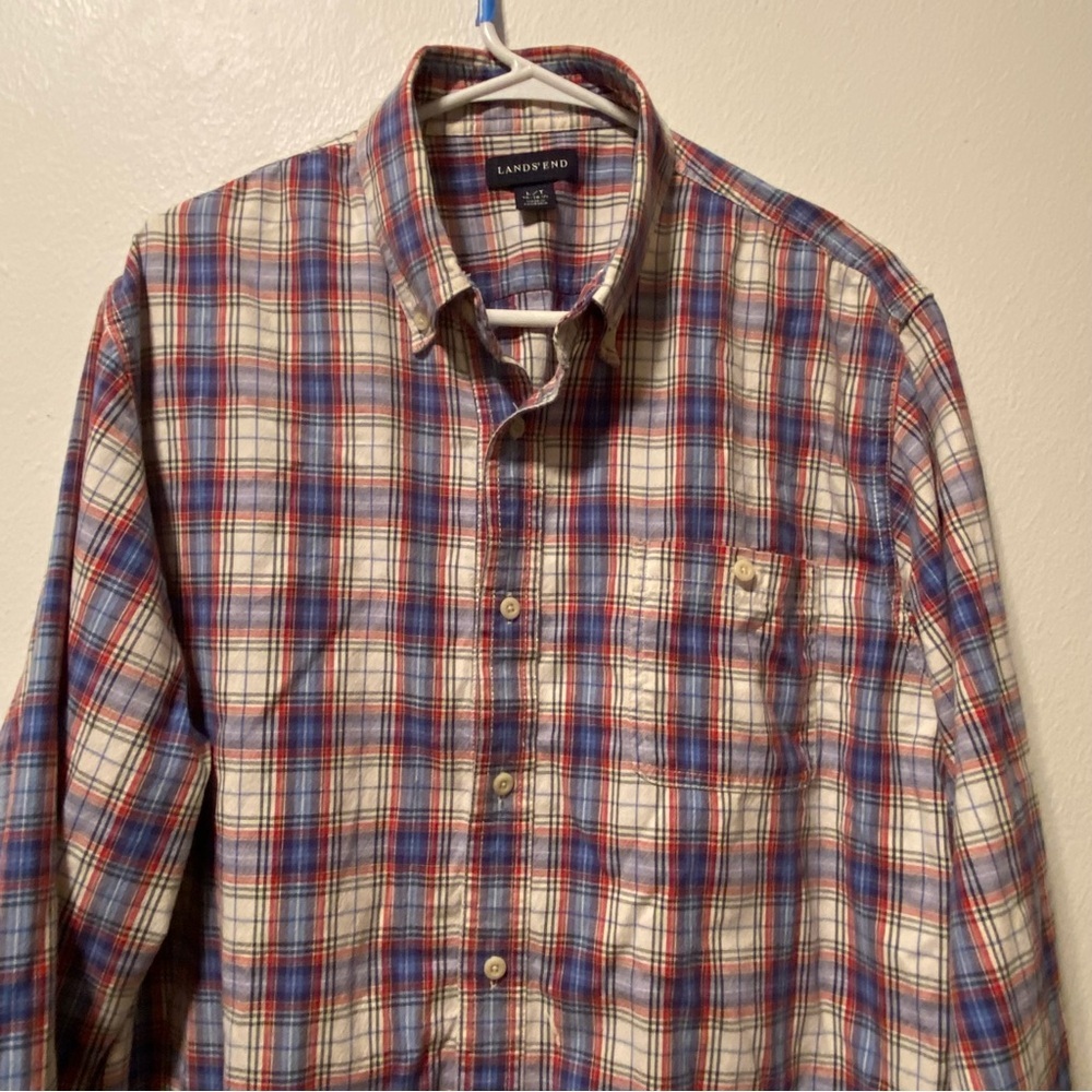 Lands’ End Shirt Mens Size Large Tall Pocket Button Down Plaid Baumwolle Western